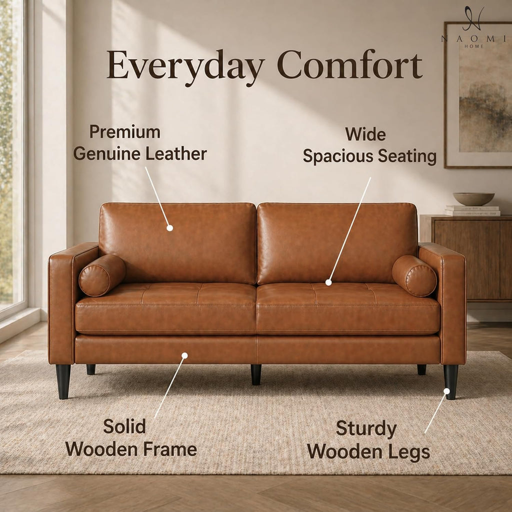 Marisa Genuine Leather Mid-Century Modern Sofa, Tan | Removable Cushions, Matching Bolster Pillows, Plush Foam Comfort, Sturdy Hardwood Frame, Spacious 3-Seater Seating