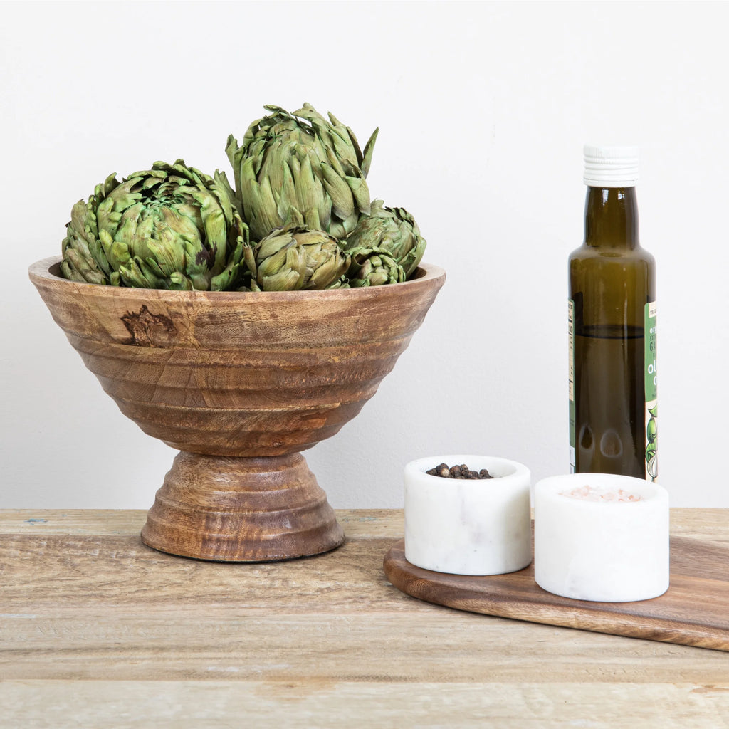 Boho Wood Pedestal Serving Bowl, Light Brown Finish