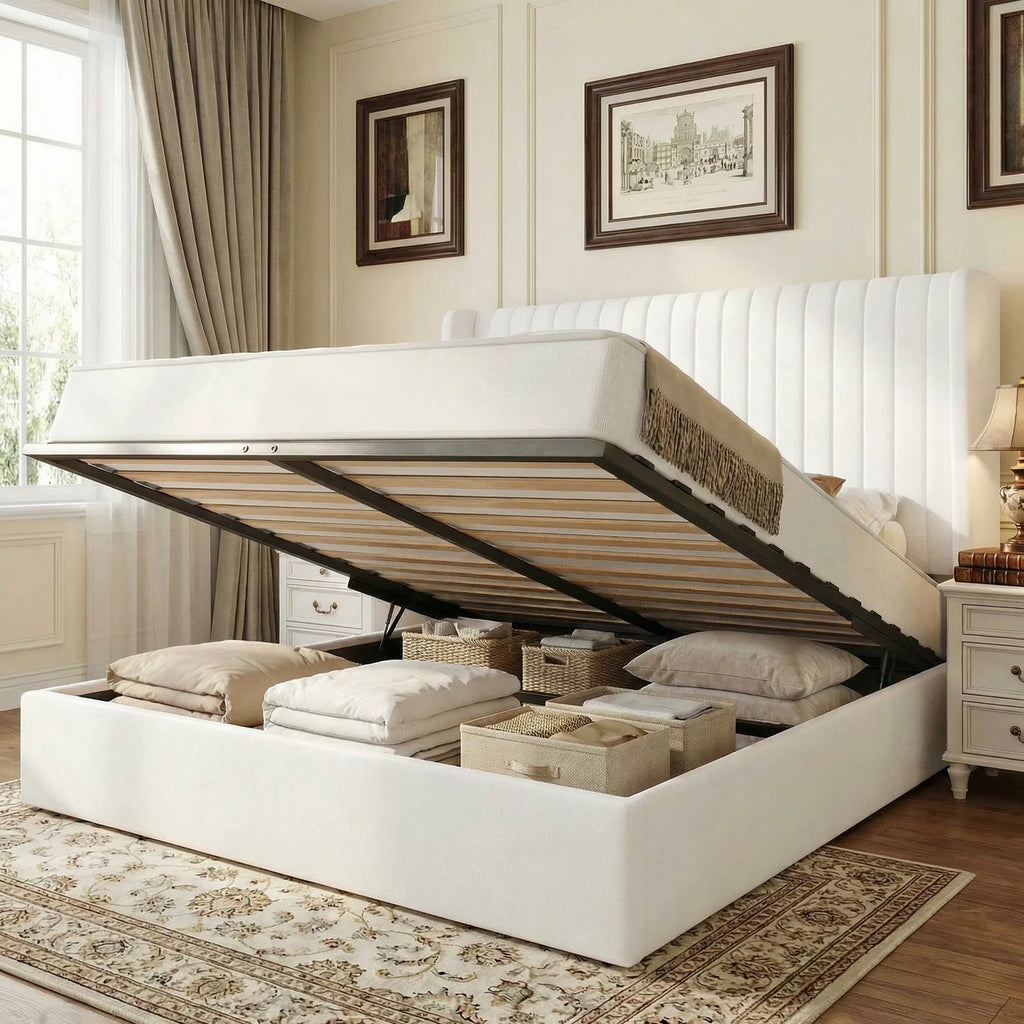 Upholstered lift up storage platform bed