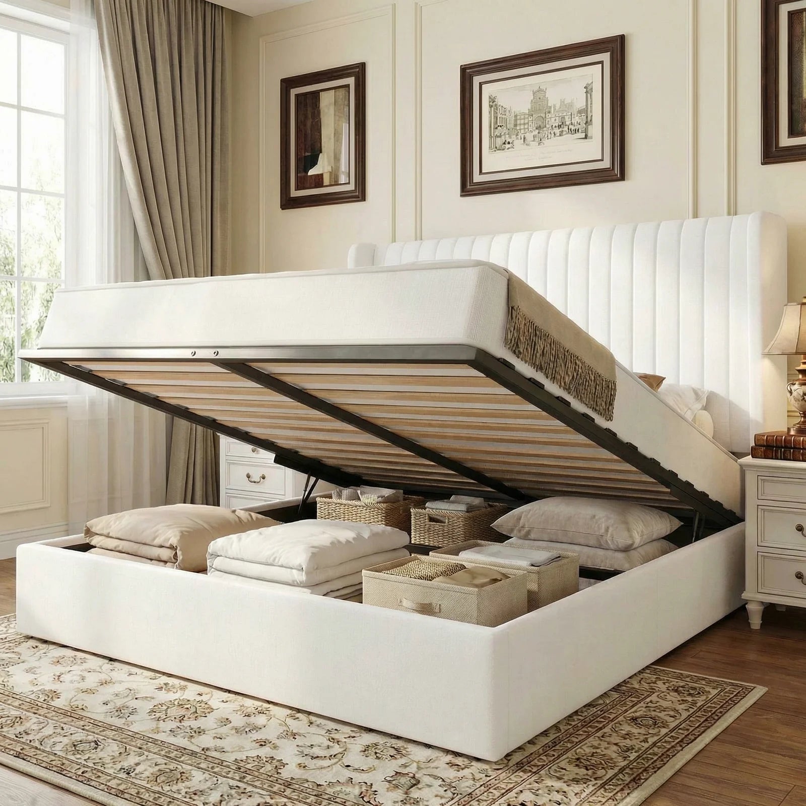 Upholstered lift up storage platform bed