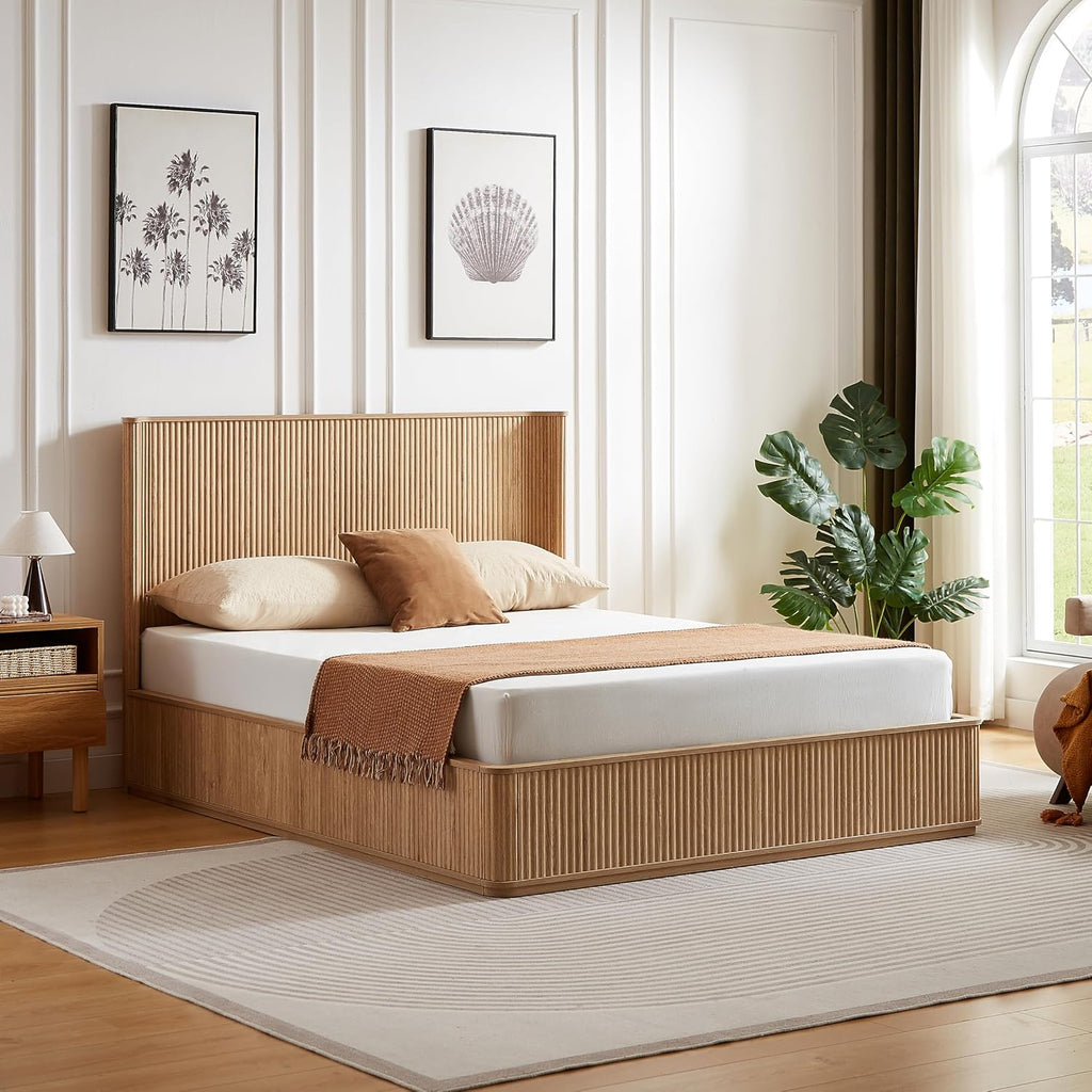 Queen Bed Frame with 44" Tall Fluted Headboard, Natural Oak Platform Bed Frame, Modern Wood Bed Frame with Solid Slats, No Box Spring Needed, Noise-Free, Easy Assembly