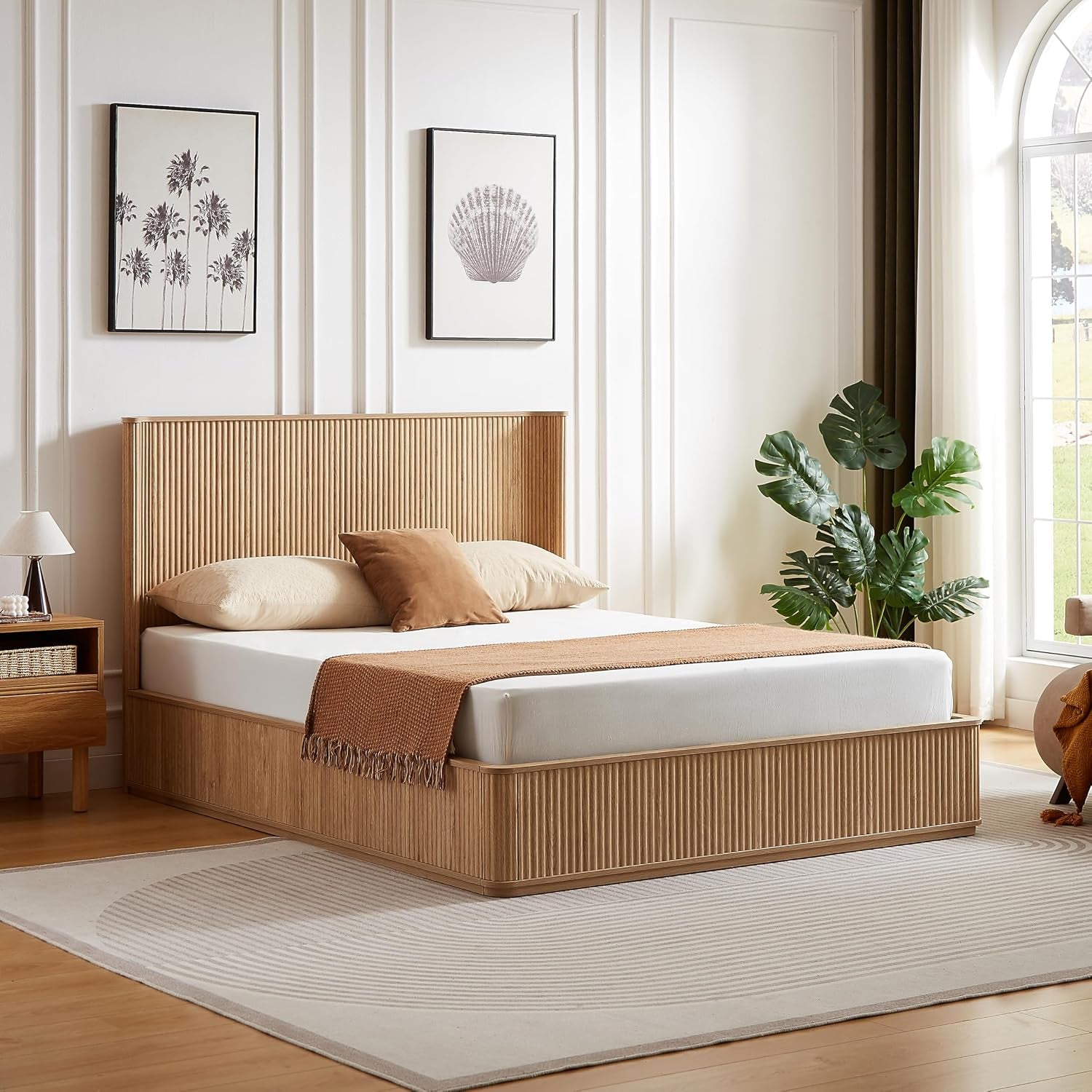 Queen Bed Frame with 44" Tall Fluted Headboard, Natural Oak Platform Bed Frame, Modern Wood Bed Frame with Solid Slats, No Box Spring Needed, Noise-Free, Easy Assembly