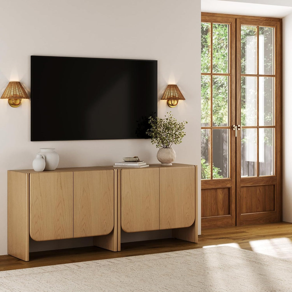 Nathan James Jacala Mid Century Modern Media Console Cabinet or TV Stand, Entryway Storage Cabinet with Doors and Wood Frame, Raw Oak, Set of 2