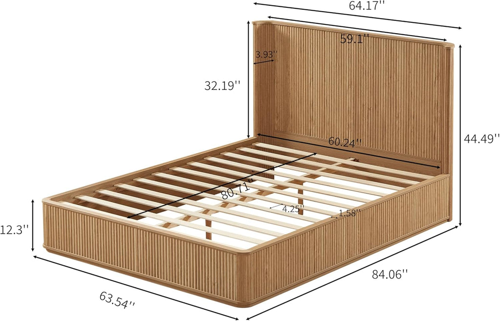 Queen Bed Frame with 44" Tall Fluted Headboard, Natural Oak Platform Bed Frame, Modern Wood Bed Frame with Solid Slats, No Box Spring Needed, Noise-Free, Easy Assembly