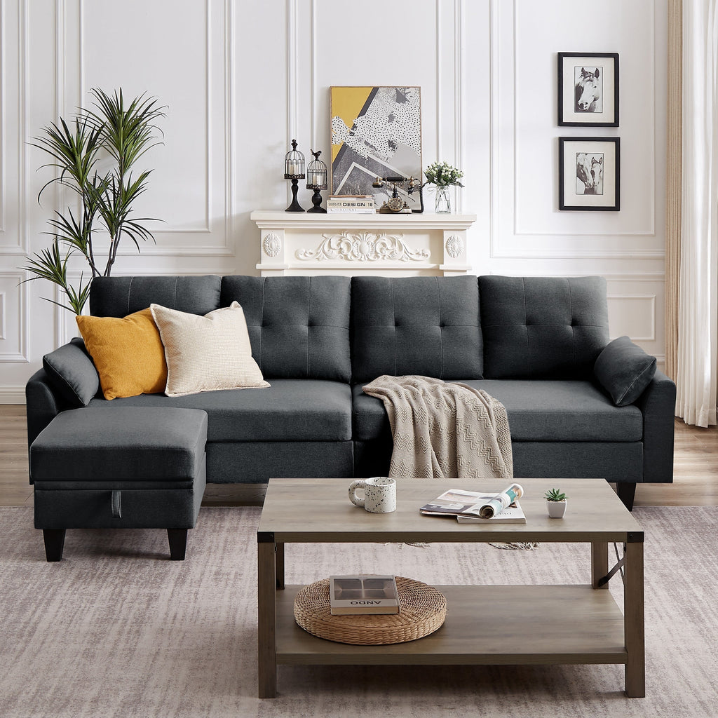 Modern Sectional Sofa with Reversible Chaise, Adjustable Backrest & Armrest, 4-Seat Convertible Couch