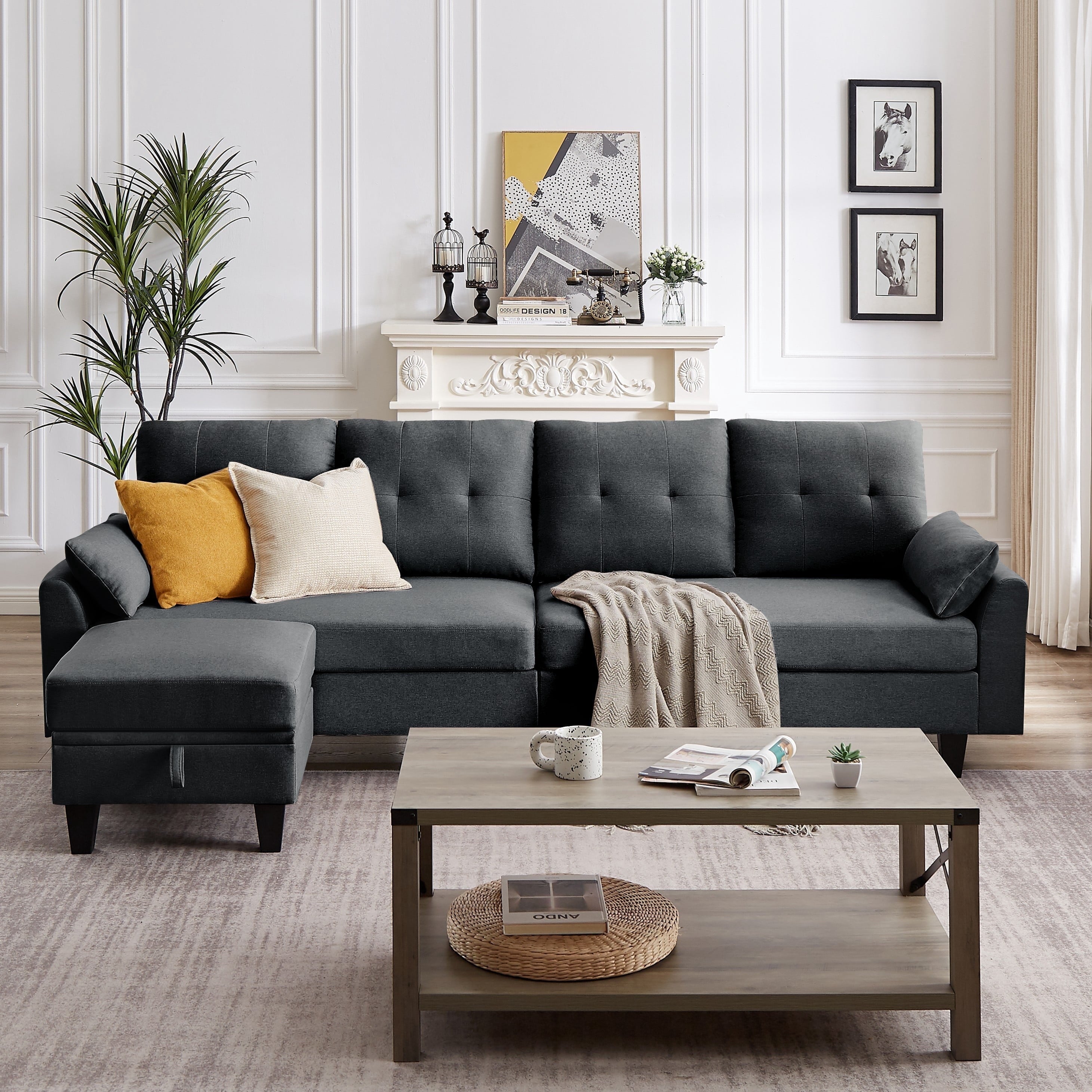 Modern Sectional Sofa with Reversible Chaise, Adjustable Backrest & Armrest, 4-Seat Convertible Couch