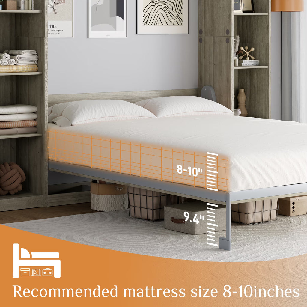 Queen Size Murphy Bed Cabinet in Grey with 5-Tier Storage Shelves, Foldable Platform Bed Wall Cabinet Bedframe for Small Space, Bedroom, Guest Room