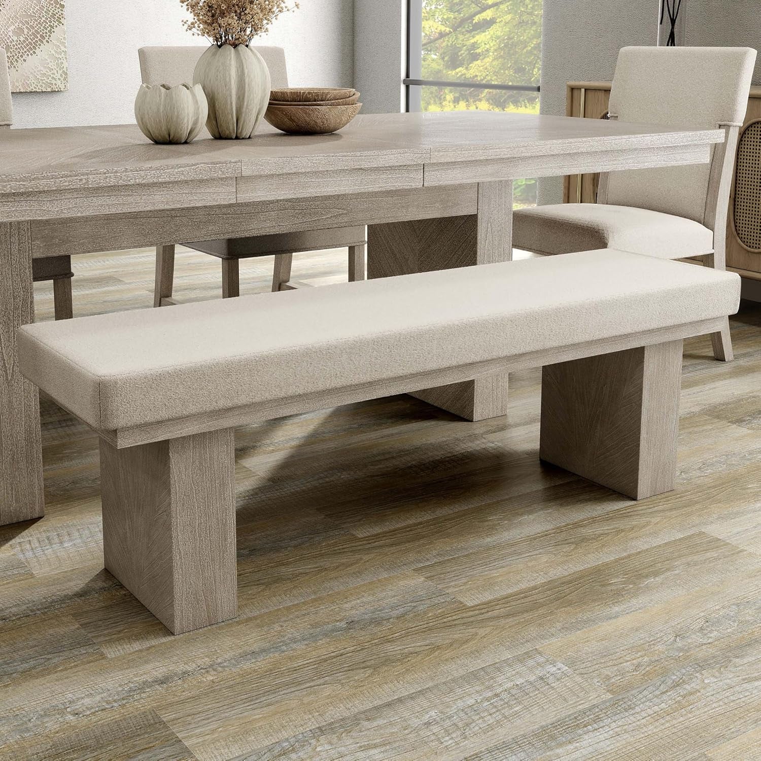 Natural wood upholstered dining bench