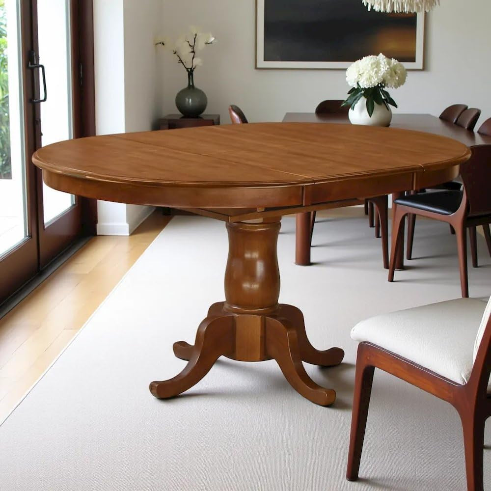 Oval Dining Table Solid Wood Expandable Table for 6 with 18" Butterfly Leaf, Classic Pedestal Base for Kitchen and Dining Spaces, Saddle Brown