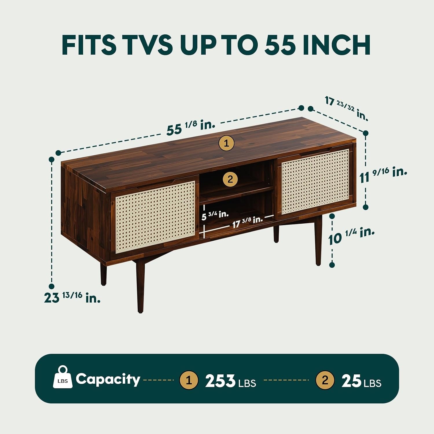 Oliver Modern Solid Wood TV Stand for 55-Inch Tvs – Rattan Door Media Console with Storage, Fluted Entertainment Cabinet for Living Room – Walnut