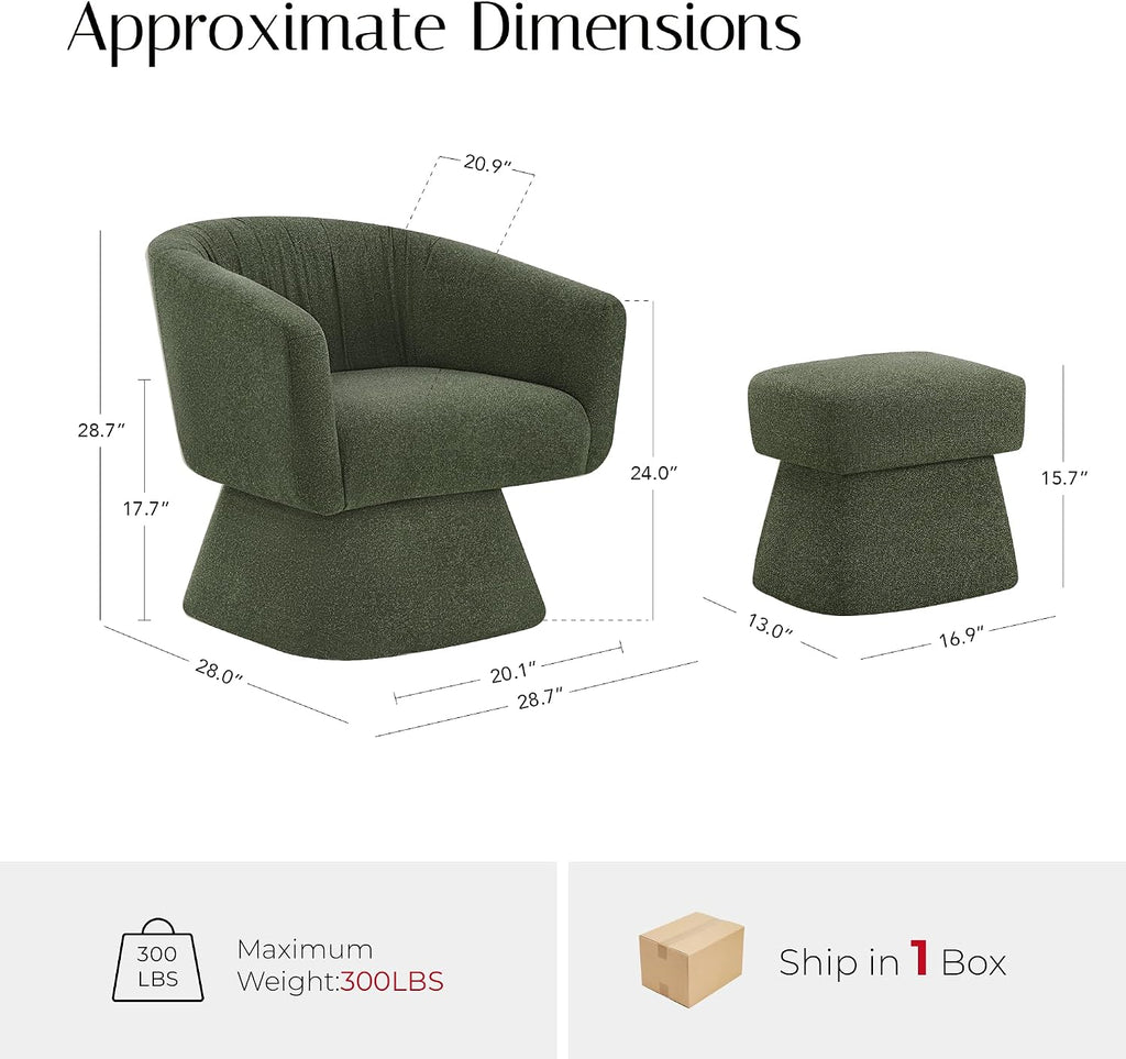 Swivel Accent Chair with Ottoman, Upholstered Barrel Accent Chair, Modern Accent Chair with Pleated Backrest and Arms, Boucle Armchair for Living Room Bedroom, Green