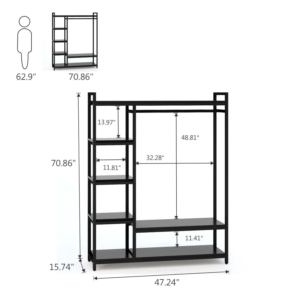 Free Standing Wood Closet Clothes Rack, Grament Rack with Shelves, Hanging Racks for Clothes Clothing Rack for Bedrom