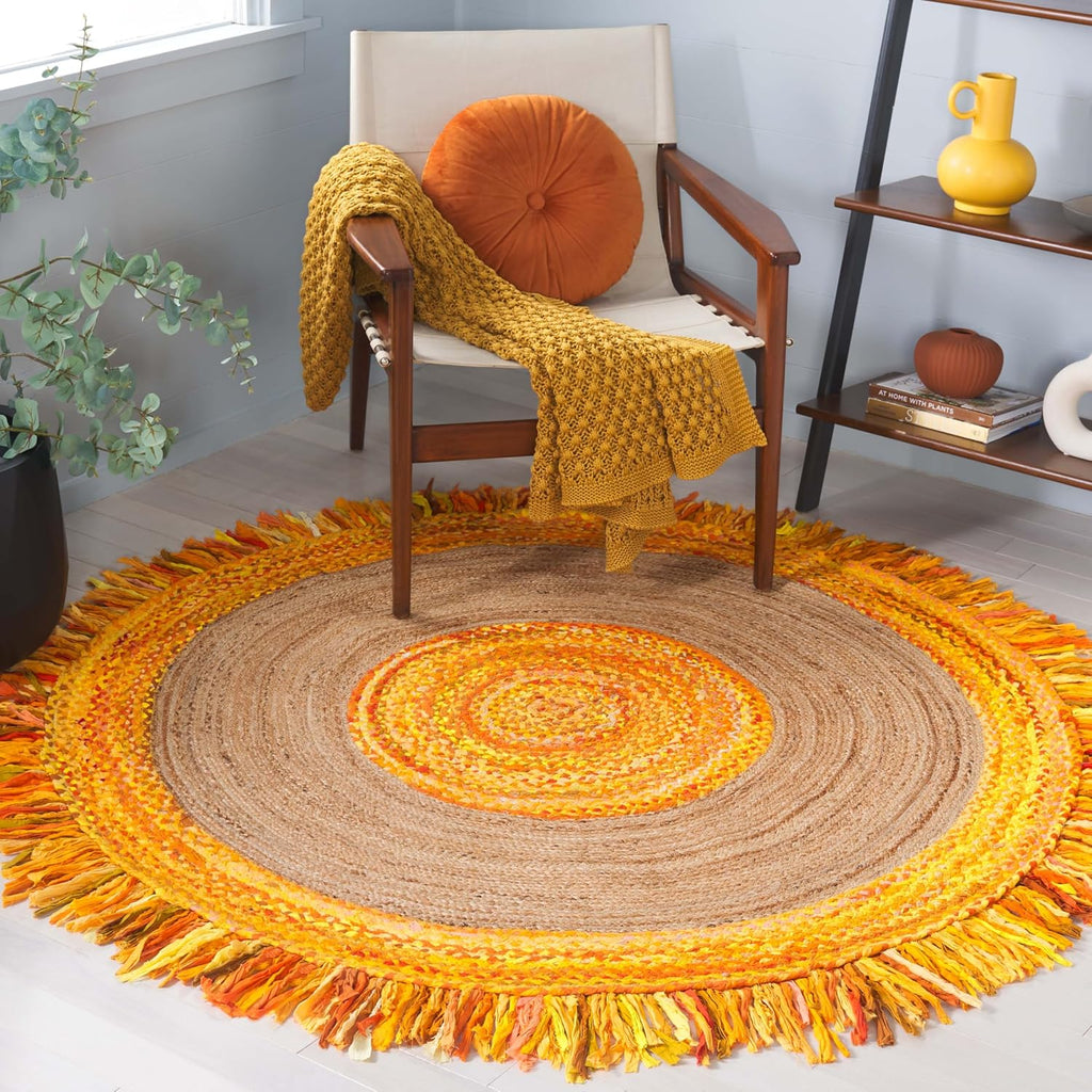 SAFAVIEH Cape Cod Collection 5' round Gold / Natural CAP701D Handmade Boho Fringe Jute & Cotton Area Rug