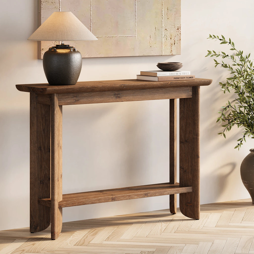 41.3 Inches Sofa Table, Solid Wood 2-Tier Console Table for Living Room, Modern Sofa Table behind Couch, Hallway Foyer Table, Walnut
