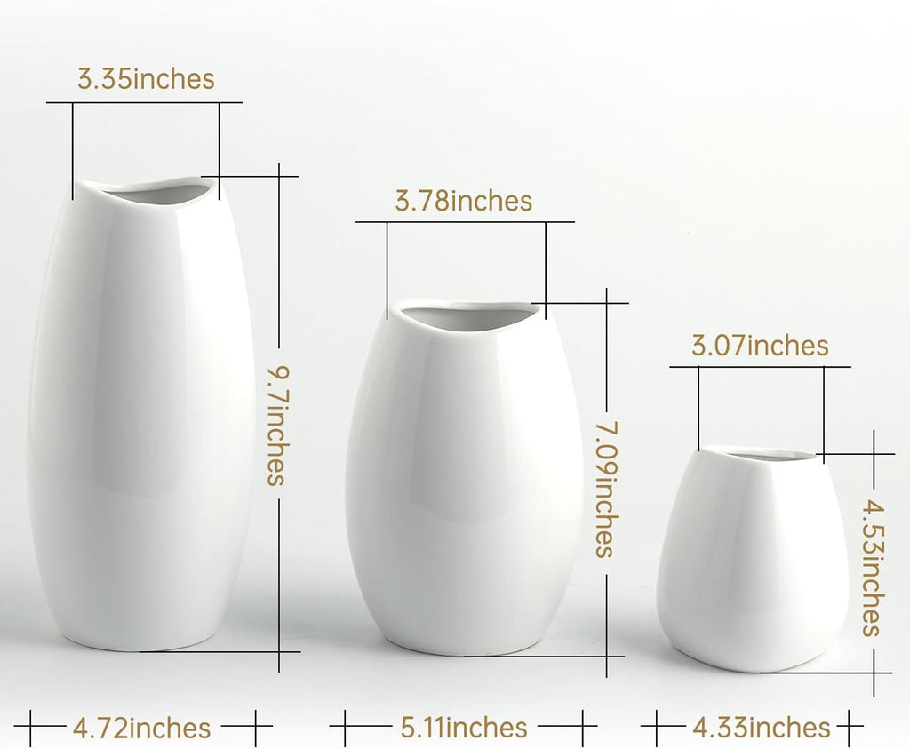 Ceramic Vase Set of 3 White Flower Vase for Home Decor, Modern Decorative Vases for Flowers/Ideal Shelf Decor/Table/Living Room/Kitchen/Office-White