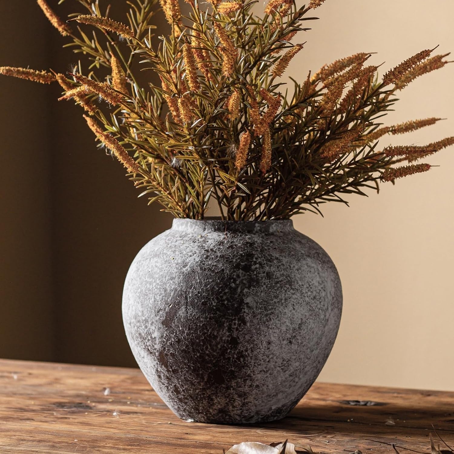 8.6" Large Rustic Distressed Ceramic Vase Farmhouse Home Decor Vases | round Wide Mouth Terracotta Minimalist Vintage Clay Stone Texture Decorative Vase for Coffee Table Centerpiece Living Room