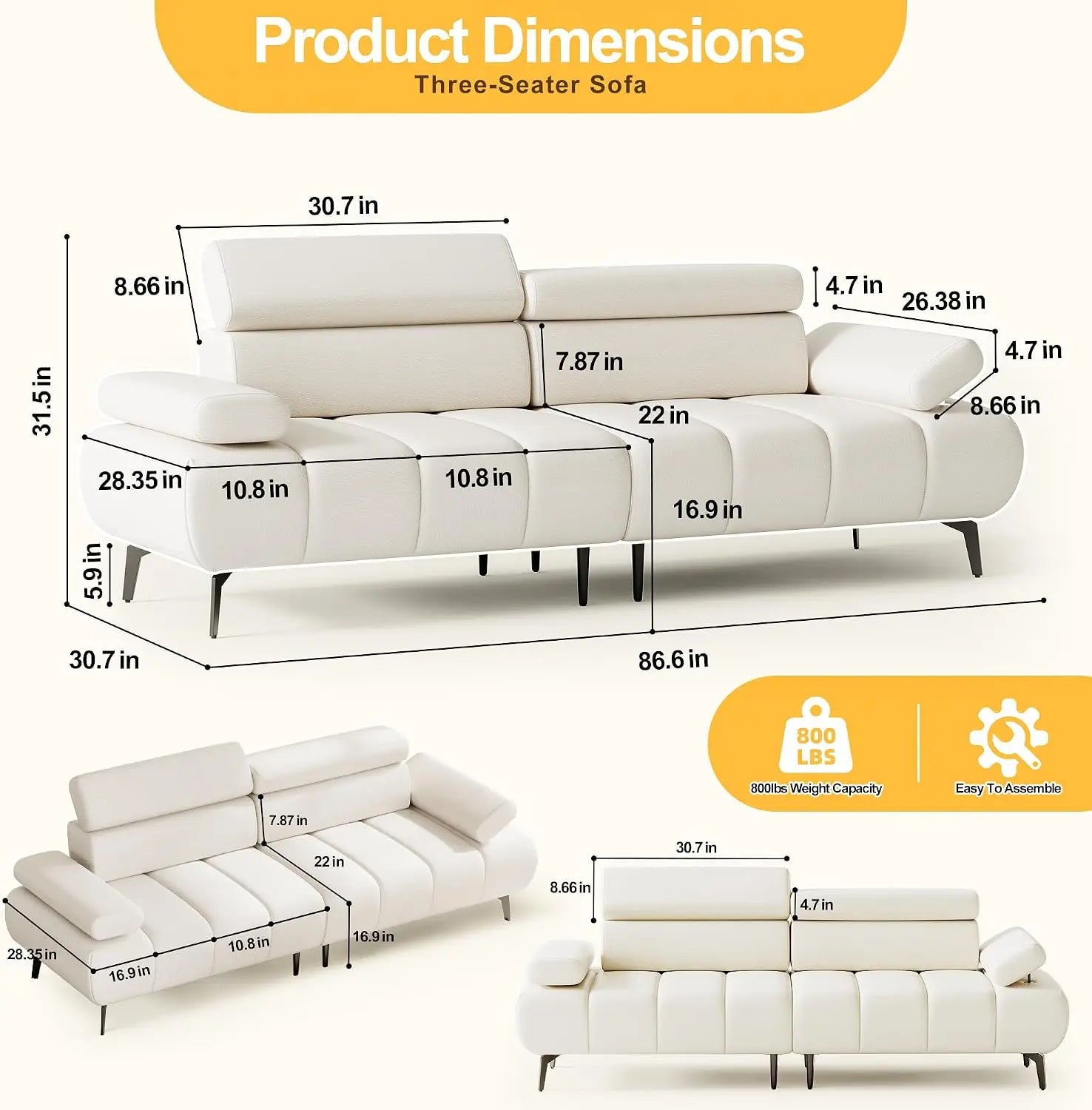 3 Seater Sofa Bed, Convertible Futon Sleeper Sofa with Reclining Faux Leather Couch, Split Modular Design, Adjustable Armrests & Headrests