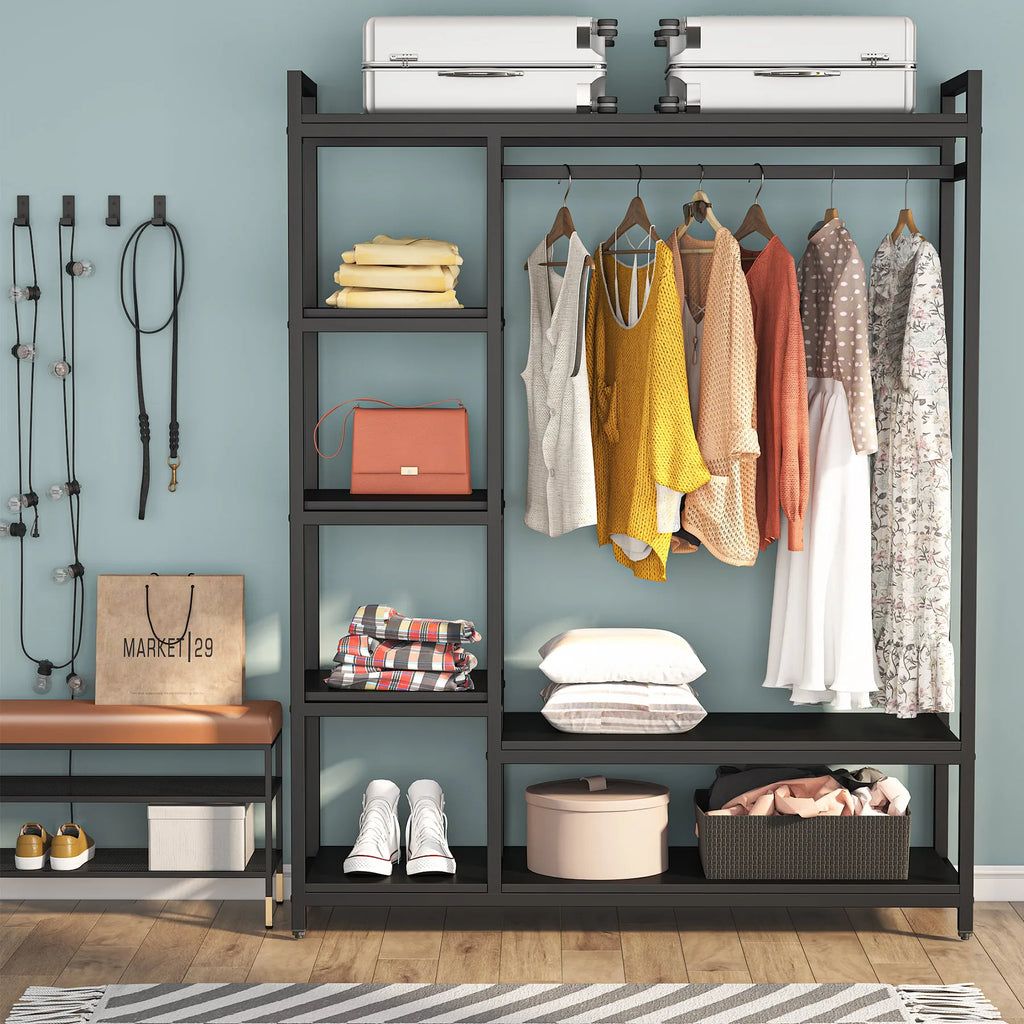 Free Standing Wood Closet Clothes Rack, Grament Rack with Shelves, Hanging Racks for Clothes Clothing Rack for Bedrom