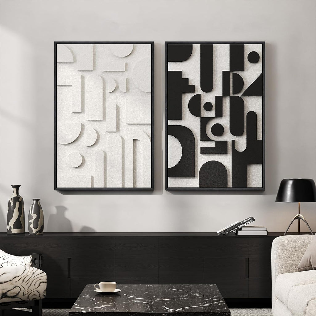 Black and white textured abstract framed wall art