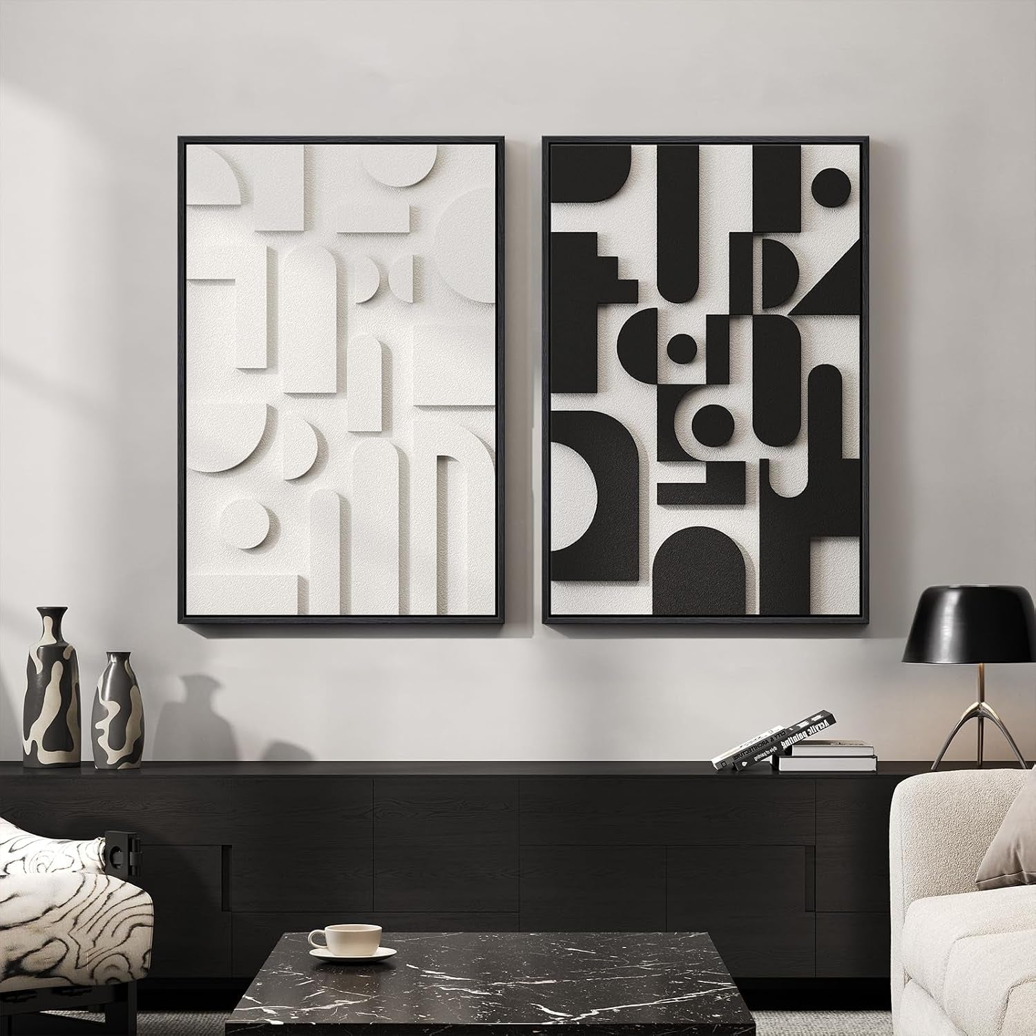 Black and white textured abstract framed wall art