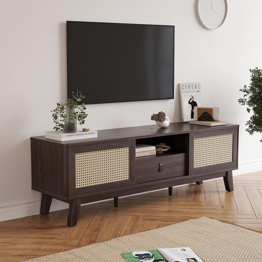 Rattan TV Stand for Tvs, Wood TV Stand Mid Century Modern TV Stand TV Media Console with Drawer and 2 Cabinets, Boho Entertainment Center for Living Room