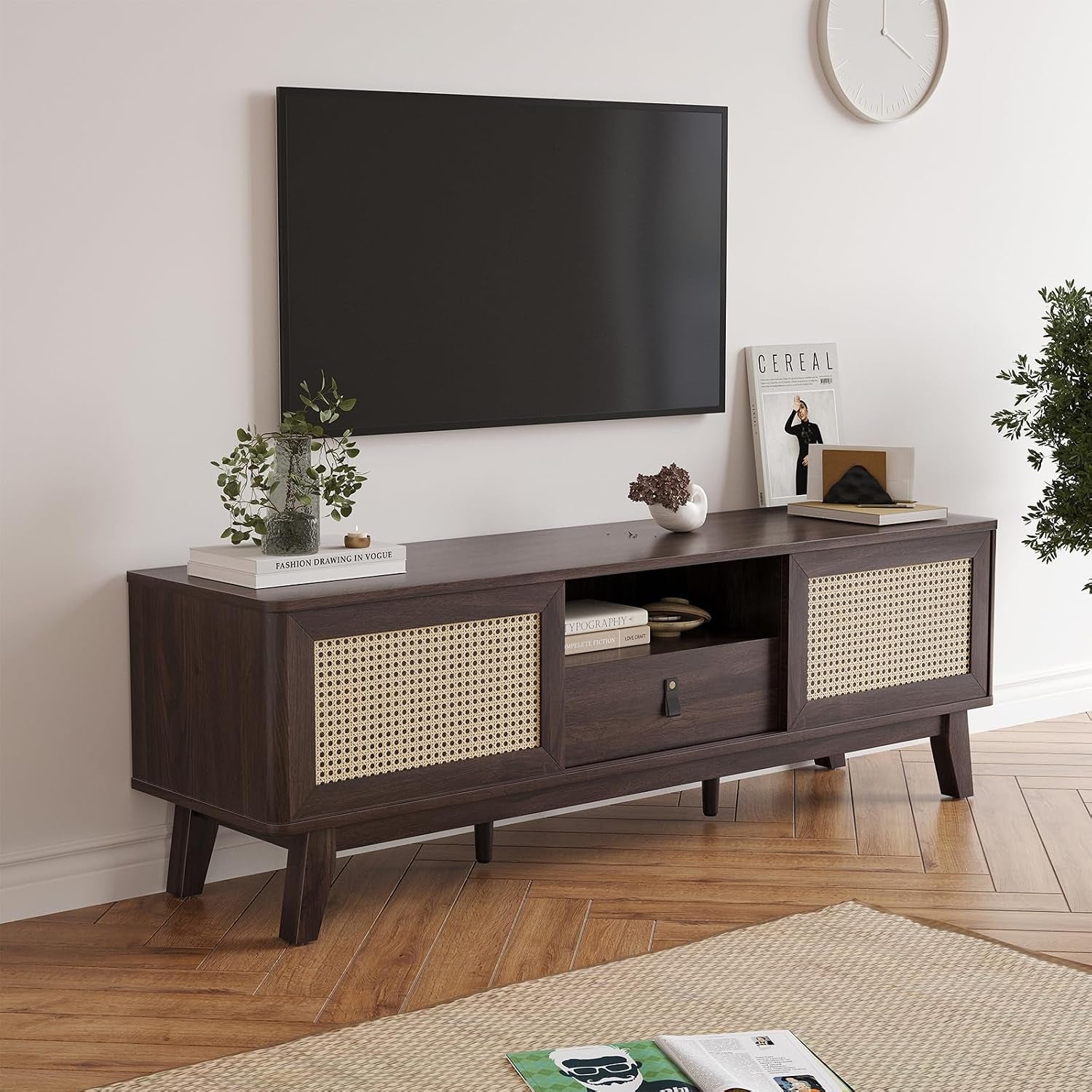 Rattan TV Stand for Tvs, Wood TV Stand Mid Century Modern TV Stand TV Media Console with Drawer and 2 Cabinets, Boho Entertainment Center for Living Room