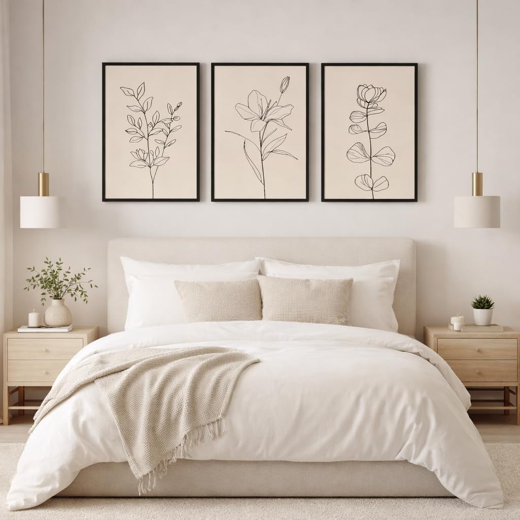 Minimalist Botanical Framed Wall Art, 3 Piece Set, 16X24 Inch | Soft Beige Palette • Delicate Linear Detail • Coordinated Gallery Look • Versatile Accent for Bedroom or Office