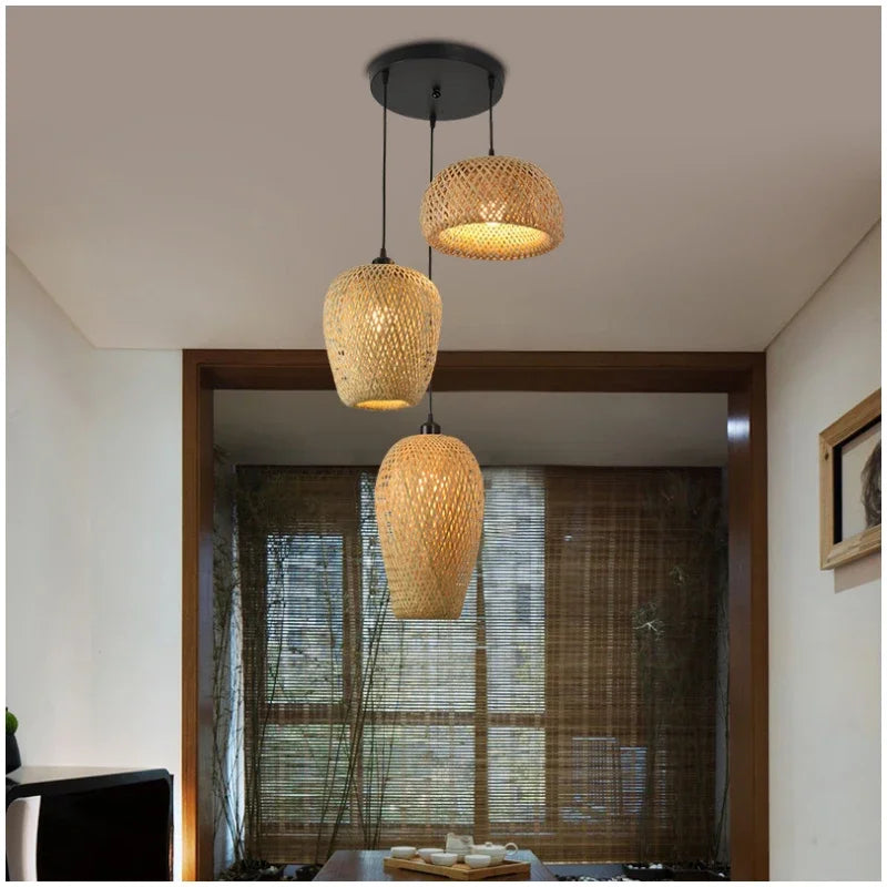 3 Pcs Lustre Rattan Wicker Lamp Shade Pendant Light Bamboo Ceiling Chandelier Set Suspended Luminaire Handmade Home Room Decor