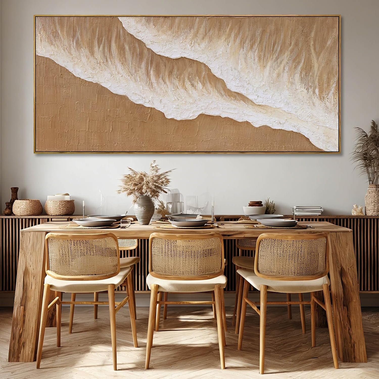 Beige Cream Neutral Abstract Wall Art, 32X70 Inch Large Framed Canvas Wall Art, Modern Horizontal Printed Artwork with Wooden Frame for Living Room