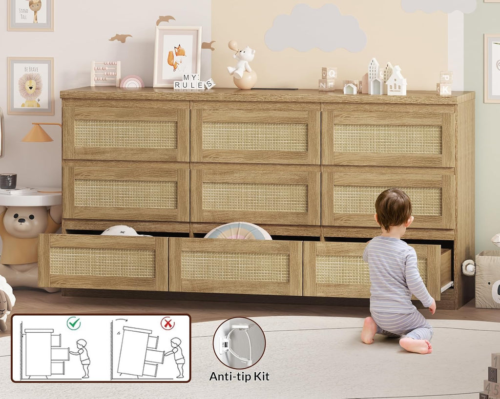 Dresser for Bedroom, Rattan 9 Drawer Dresser for Closet, Double Wood Dressers & Chest of Drawers for Nightstands, TV Stands, Living Room, Entryway, Hallway, Cloakroom