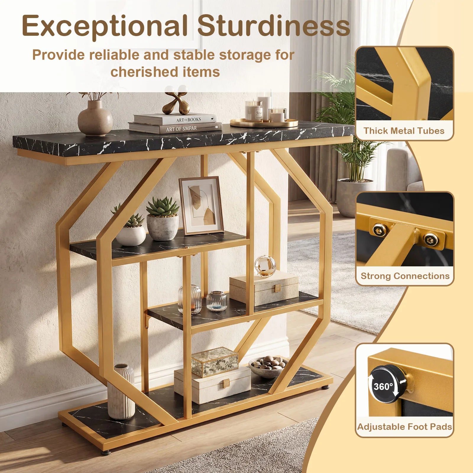 40” Console Table W/ Storage Shelves, Geometric Metal Frame for Hallway, Entrance
