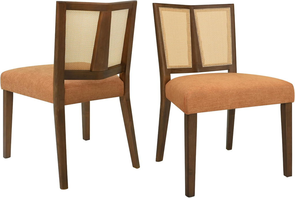 Dining Chairs Set of 2, Upholstered Armless Dining Chairs with Rattan Cane Backrest and Rubberwood Frame, Mid-Century Modern Dining Room Chairs for Kitchen and Living Room