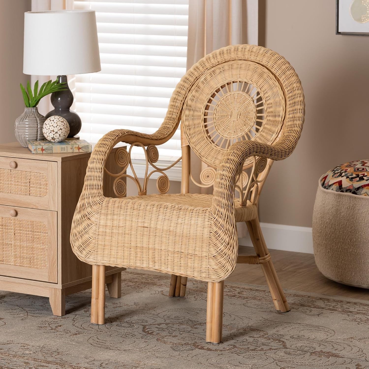 Putri Modern Bohemian Natural Rattan Accent Chair with Swirling Rattan Decors