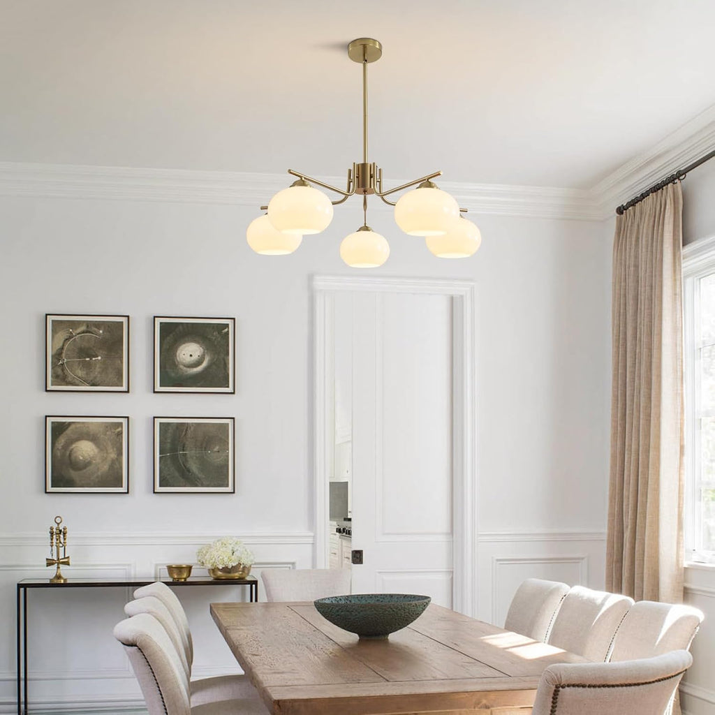 5-Light Brushed Brass Gold White Milk Glass Globe Sputnik Chandelier | 7.1” Shade, Adjustable Height, Mid Century Modern Ceiling Pendant Light Fixture for Dining Room Kitchen Living Room Bedroom