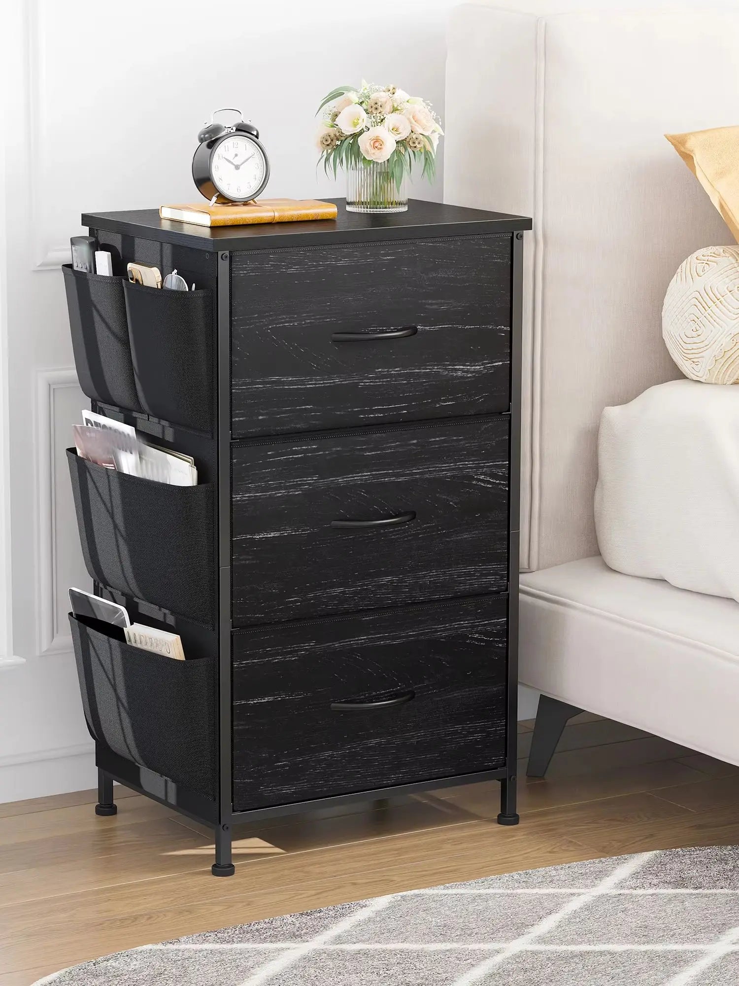 Set of 2 Nightstands, Metal Wood Storage Dresser with 3 Fabric Drawers & Side Storage Pockets for Bedroom, Closet, Hallway, Entryway