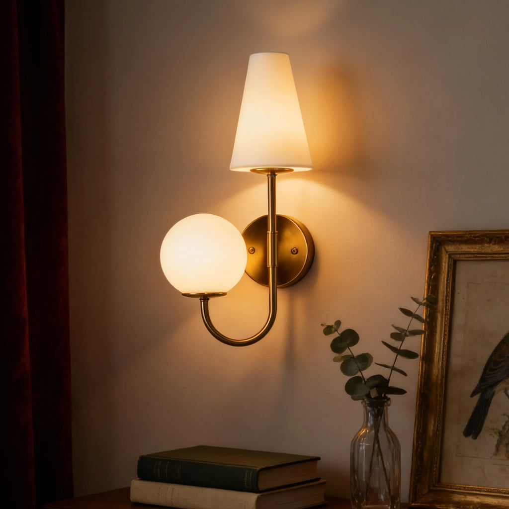 Gold Double-Headed Wall Sconce, Elegant Wall Lamp with Milky White Glass Shade, Metal Wall Light Fixtures for Bedroom