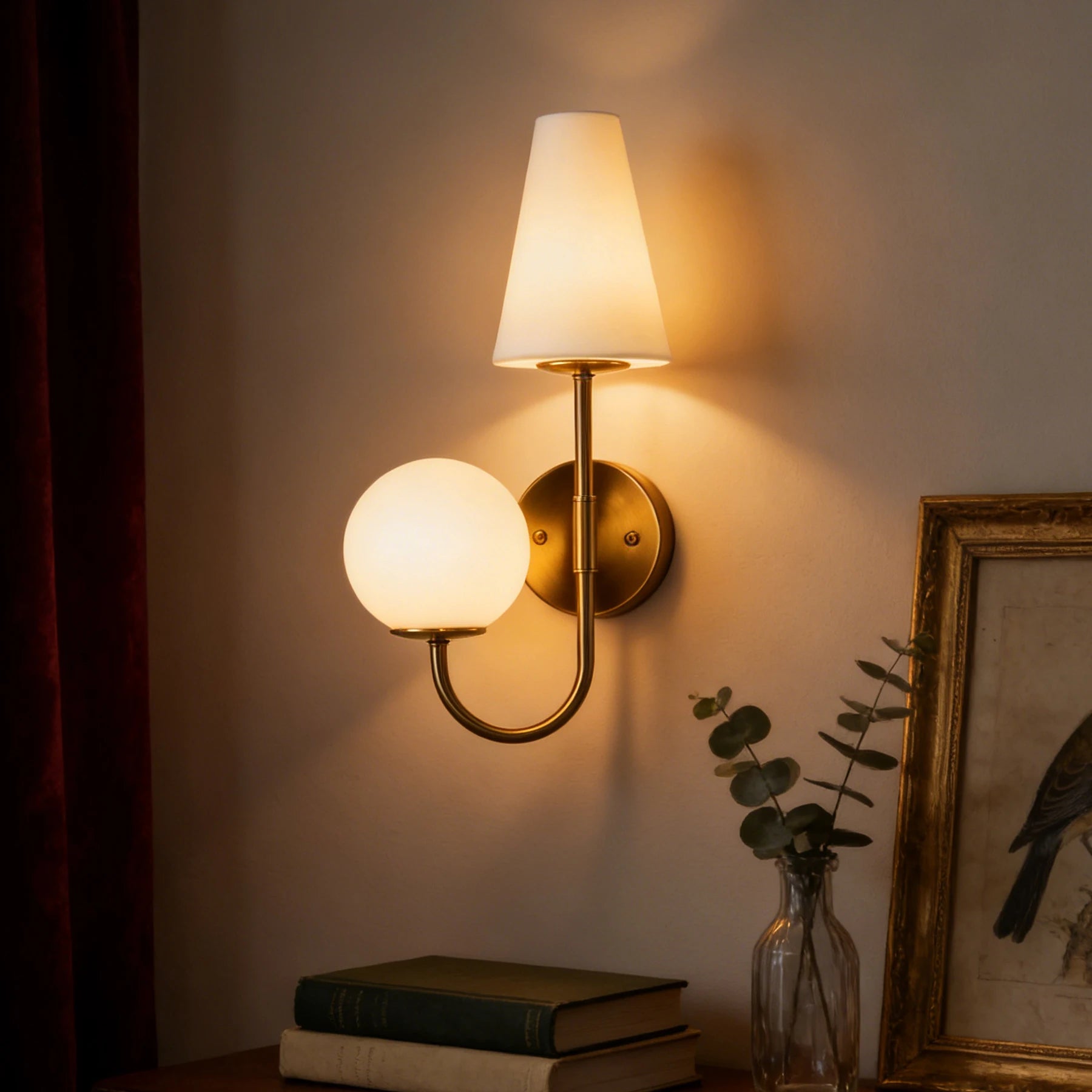 Gold Double-Headed Wall Sconce, Elegant Wall Lamp with Milky White Glass Shade, Metal Wall Light Fixtures for Bedroom