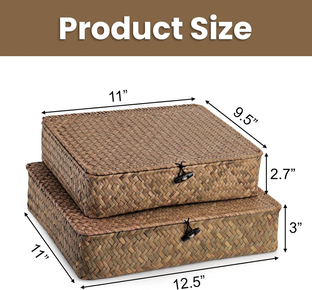 2 Pack Flat Wicker Woven Storage Bins with Lid and Wood Toggle, Natural Handmade Seagrass Basket Set, Rattan Organizer Bins for Shelf, Closet, Bedroom