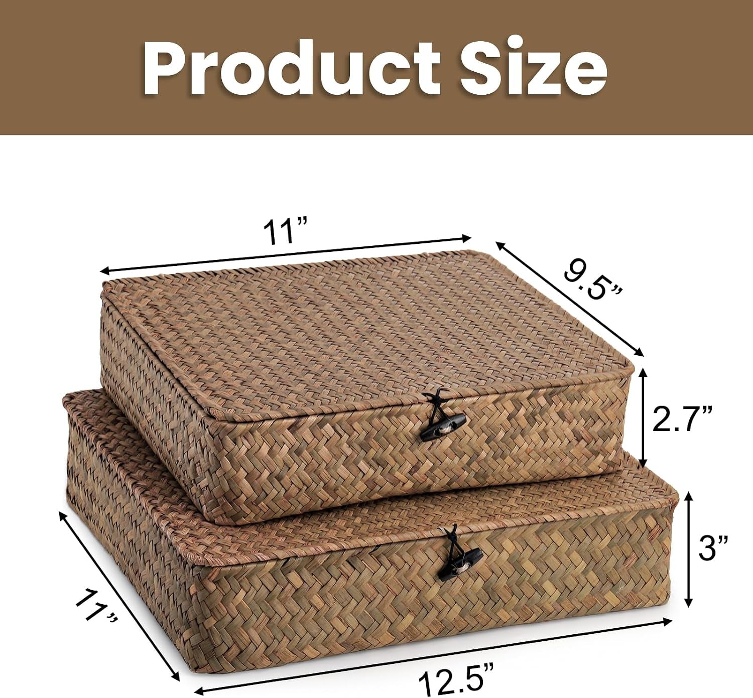 2 Pack Flat Wicker Woven Storage Bins with Lid and Wood Toggle, Natural Handmade Seagrass Basket Set, Rattan Organizer Bins for Shelf, Closet, Bedroom