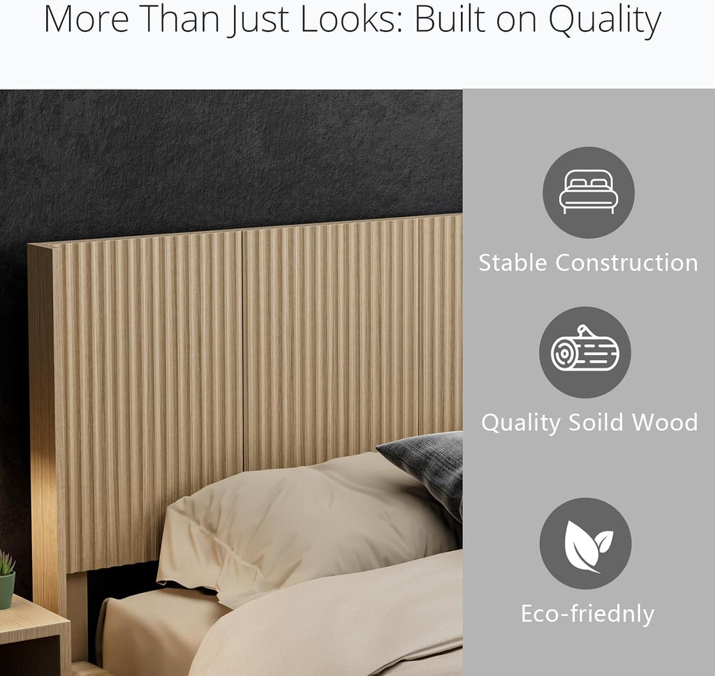 Wooden Queen Size Headboard Only, 64.5" Wide Farmhouse Headboards with Wall Mounted Fluted Panel & Wingback for Bedroom, Oak
