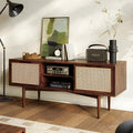 Oliver Modern Solid Wood TV Stand for 55-Inch Tvs – Rattan Door Media Console with Storage, Fluted Entertainment Cabinet for Living Room – Walnut
