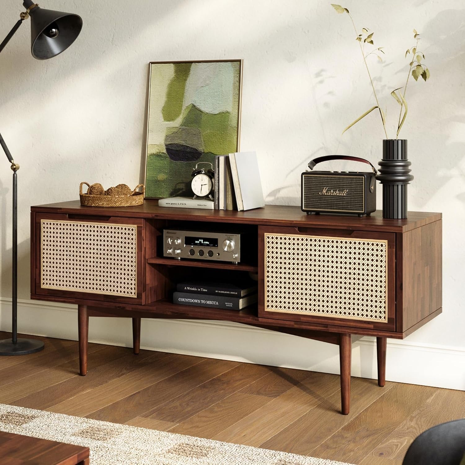 Oliver Modern Solid Wood TV Stand for 55-Inch Tvs – Rattan Door Media Console with Storage, Fluted Entertainment Cabinet for Living Room – Walnut