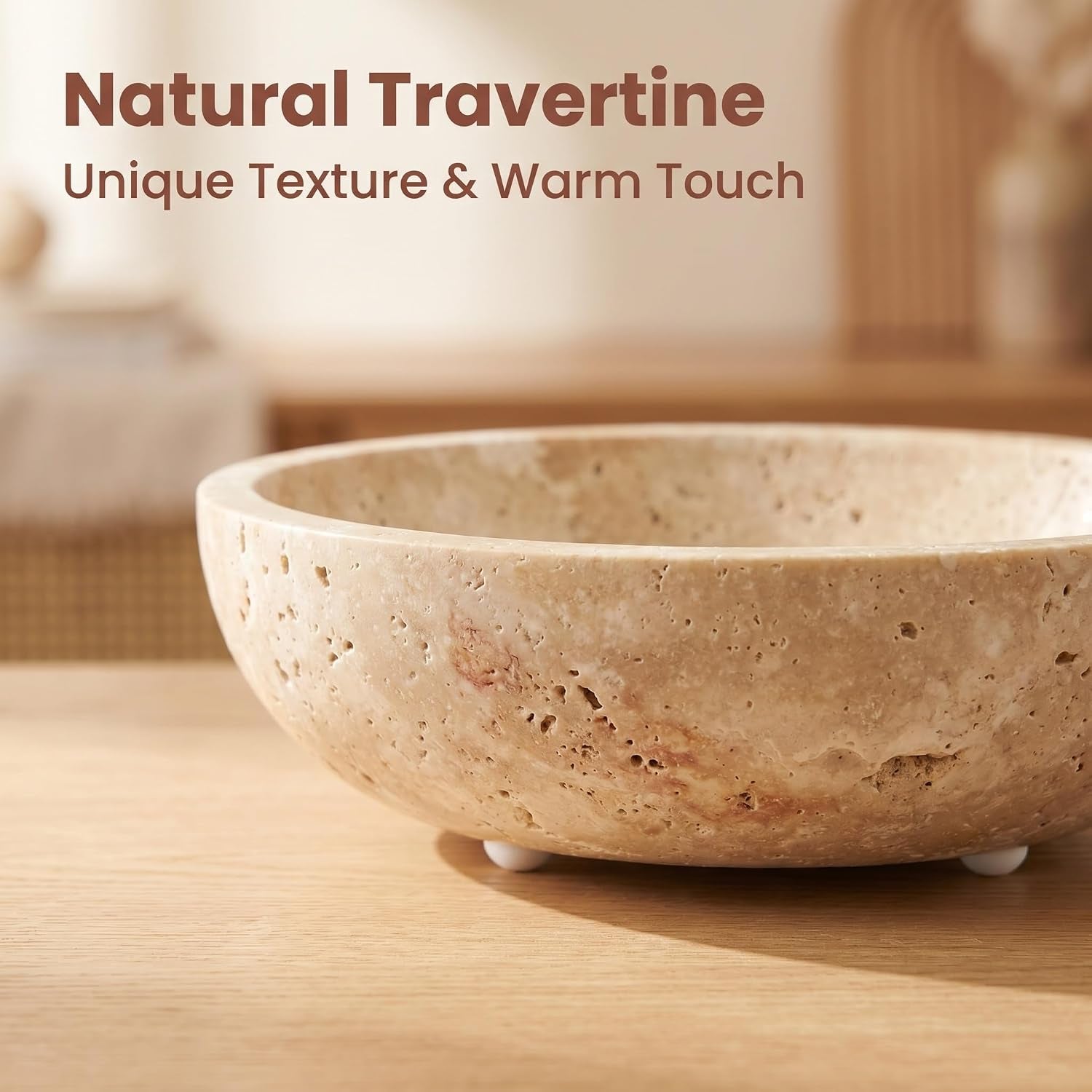 7.87" Natural Travertine Stone Decorative Bowl,Beige, Limestone | Marble Bowl (Decorative Bowl) Functions as Fruit Bowl & Key Bowl; Smooth Beige Finish; for Coffee Table & Kitchen Counter
