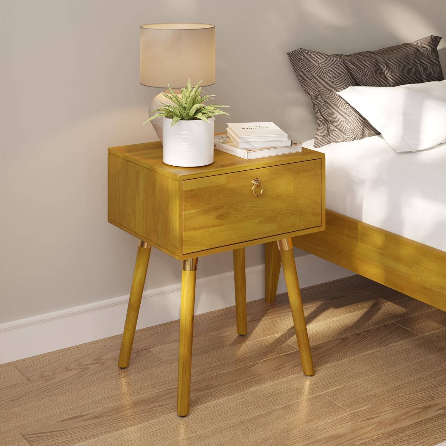 Golden natural wood nightstand with drawer