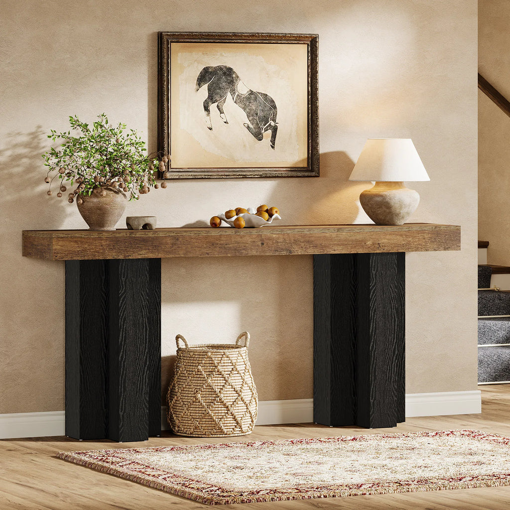 63-Inch Console Table for Entryway, Farmhouse Entryway Table with Sturdy Legs, Narrow Long Sofa Console behind Couch for Living Room, Hallway, Foyer, Rustic Brown and Black
