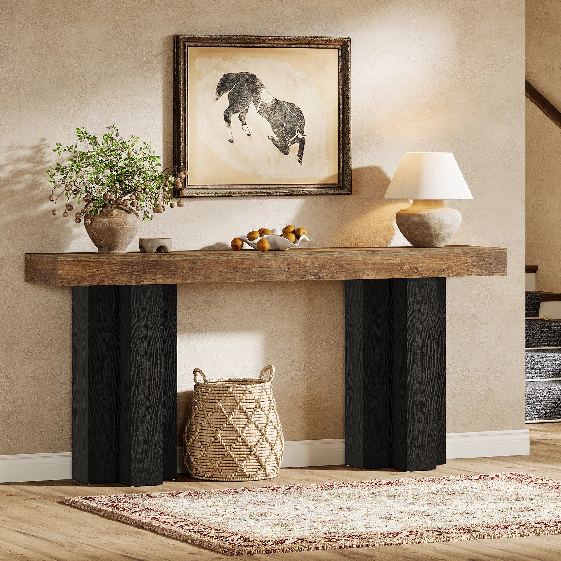 63-Inch Console Table for Entryway, Farmhouse Entryway Table with Sturdy Legs, Narrow Long Sofa Console behind Couch for Living Room, Hallway, Foyer, Rustic Brown and Black