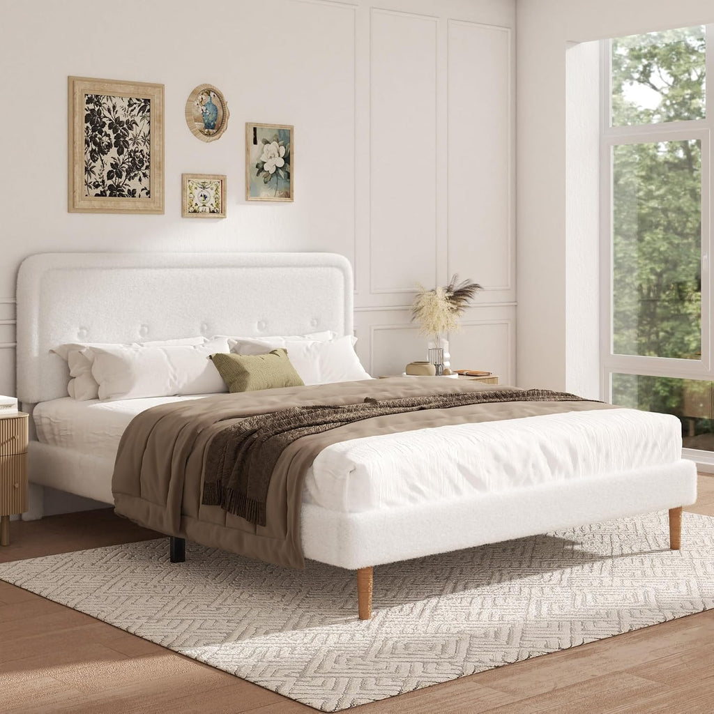King Size Boucle Bed Frame with Adjustable Headboard, Cloud Boucle Upholstered Platform Bed Frame, Rounded Corners Design & Easy Assembly, Box Spring Optional, Noise Free, White