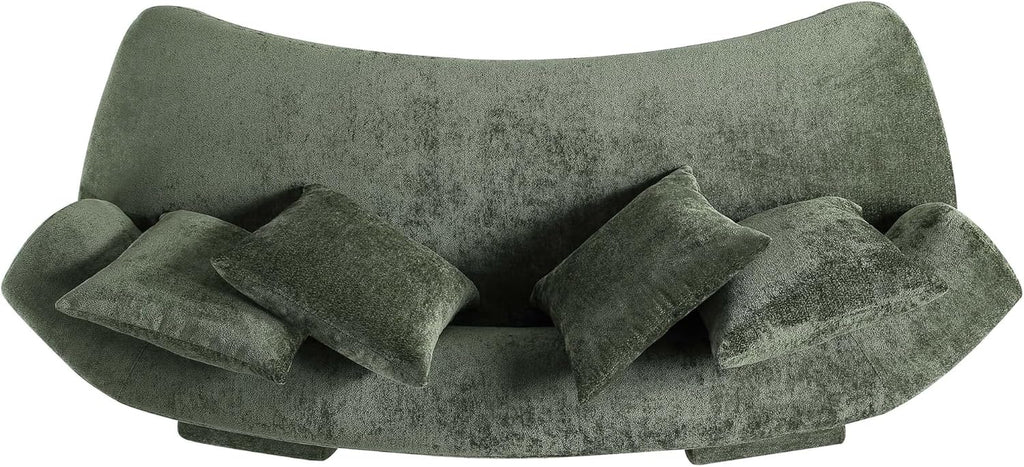 Verandah 90.6” Chenille Sofa with 4 Accent Pillows, Curved Back, Upholstered Wrap around Legs, Mid-Century Modern Living Room Furniture, Fully Assembled Couch, Olive Green