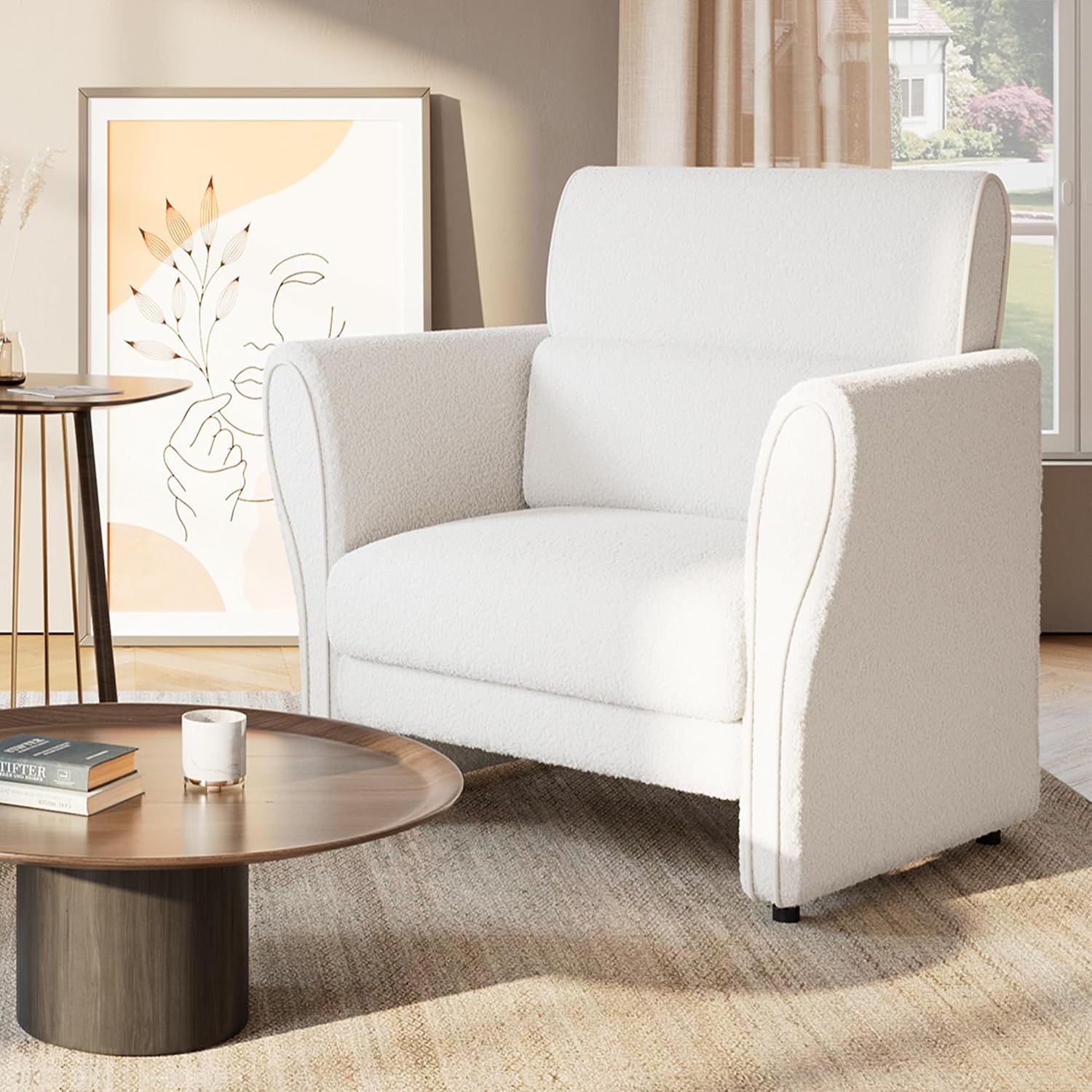 Modern Accent Chair, Boucle Upholstered Armchair for Living Room, Mid-Century Lounge Chair, Comfy Single Sofa for Bedroom, Ivory