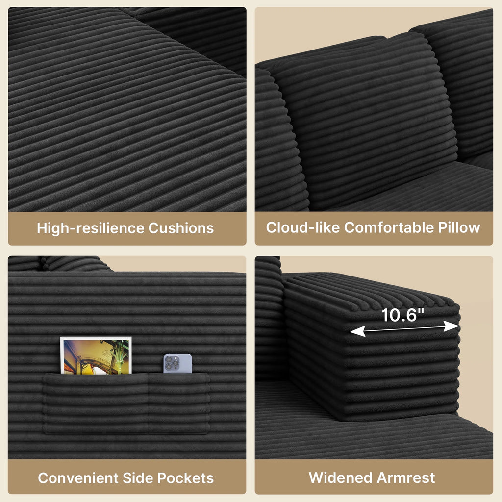 Sofa,  105" L-Shaped Sectional Couch for Living Room, High-Resilience Foam & Premium Corduroy Fabric, Free Assembly, Black